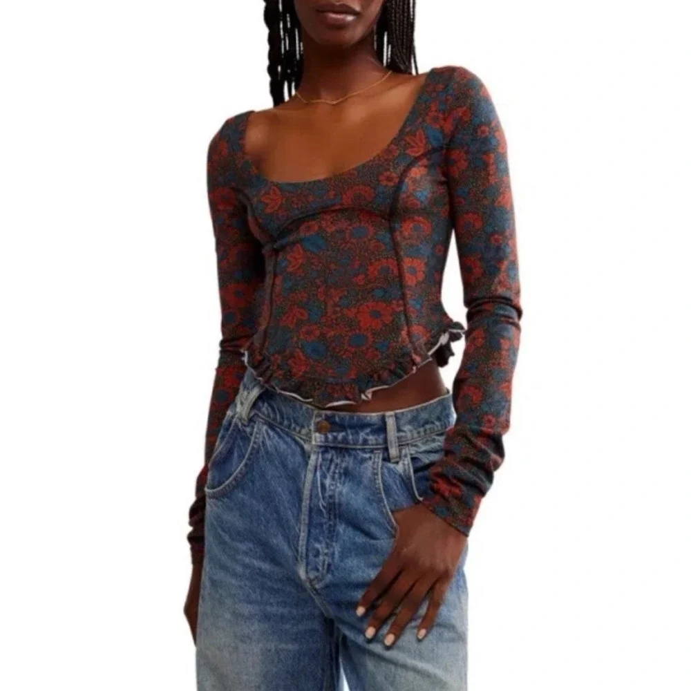 Free People Melanie Long Sleeve Top in Night Combo Large Crop Criss Cross Back